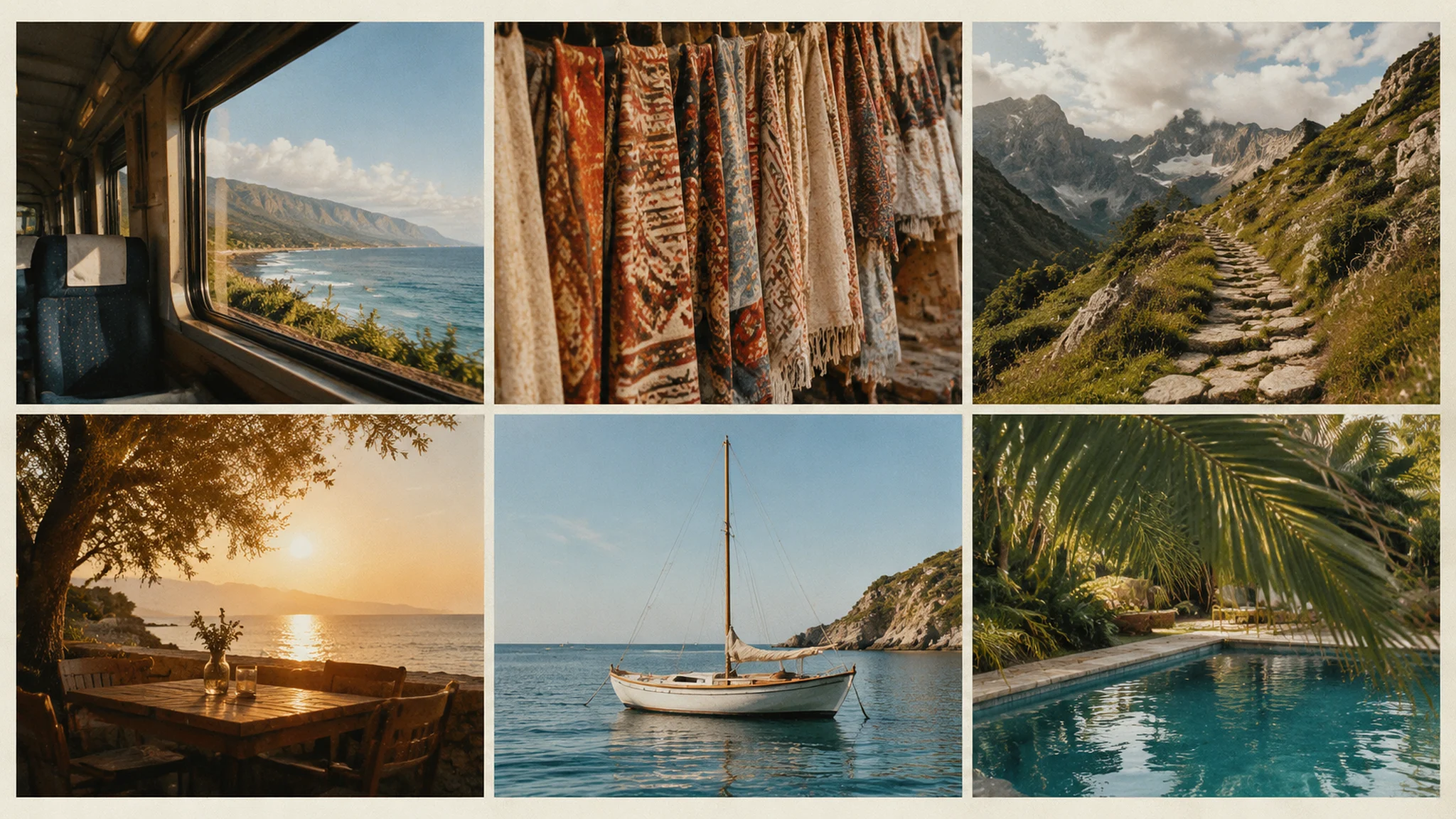 A postcard-style social image sheet with travel-inspired compositions