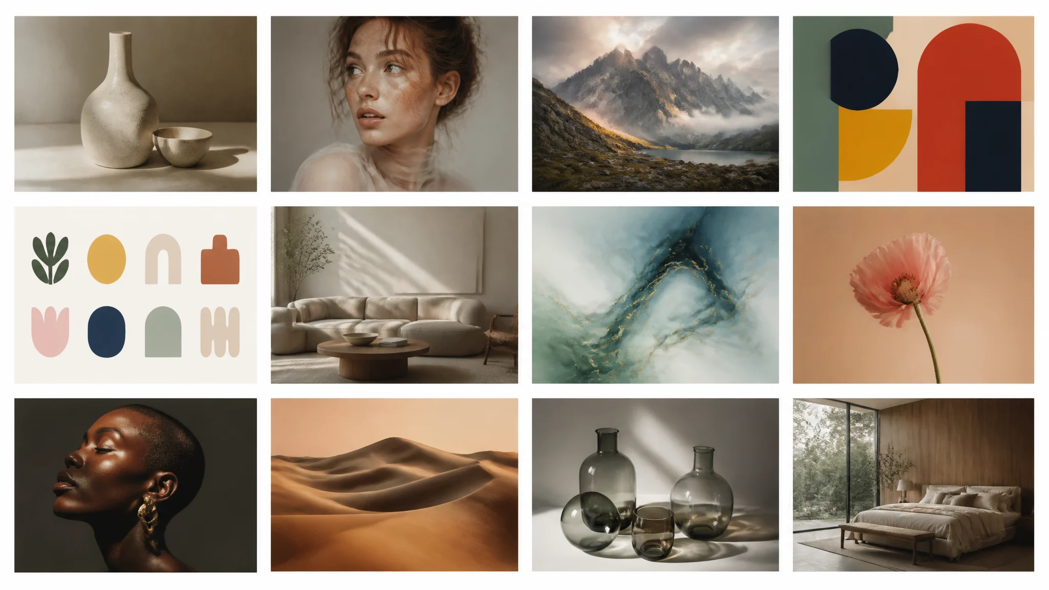 A sheet of image examples showing varied prompt-controlled lighting and composition