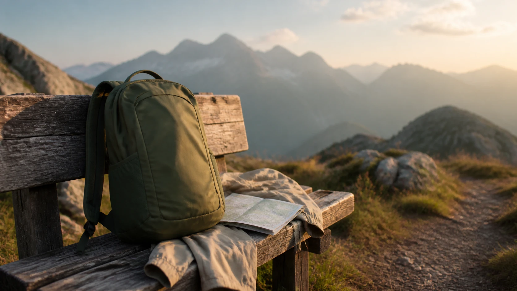 A backpack shown in an outdoor lifestyle product composition