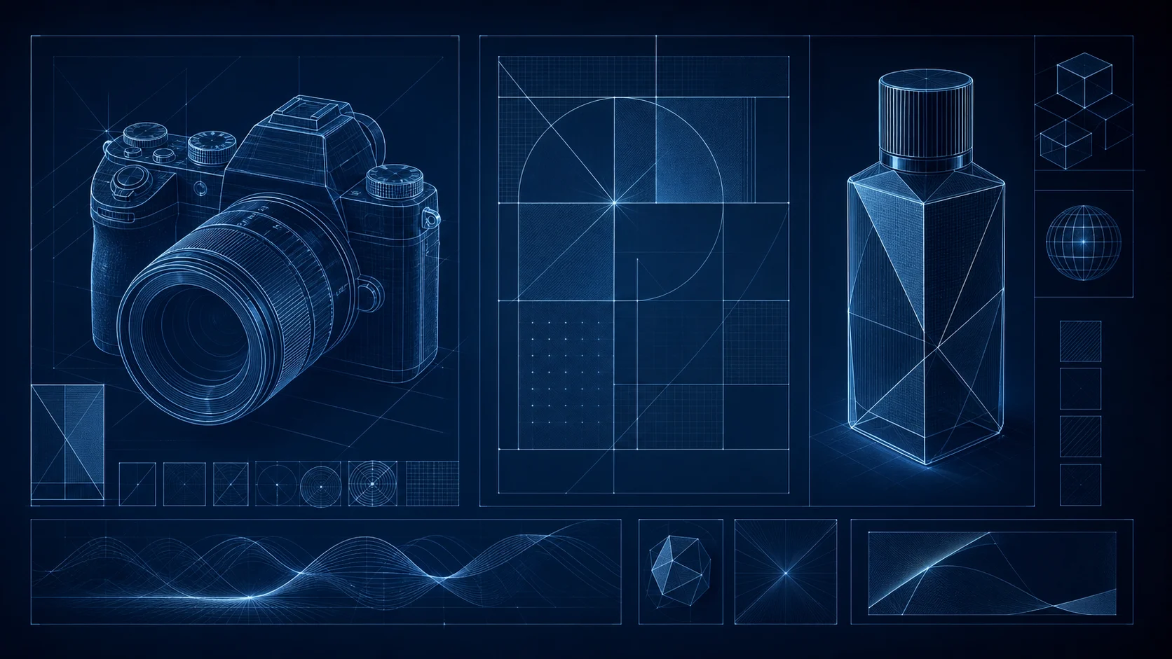 A blueprint-style image sheet with structured visual concepts