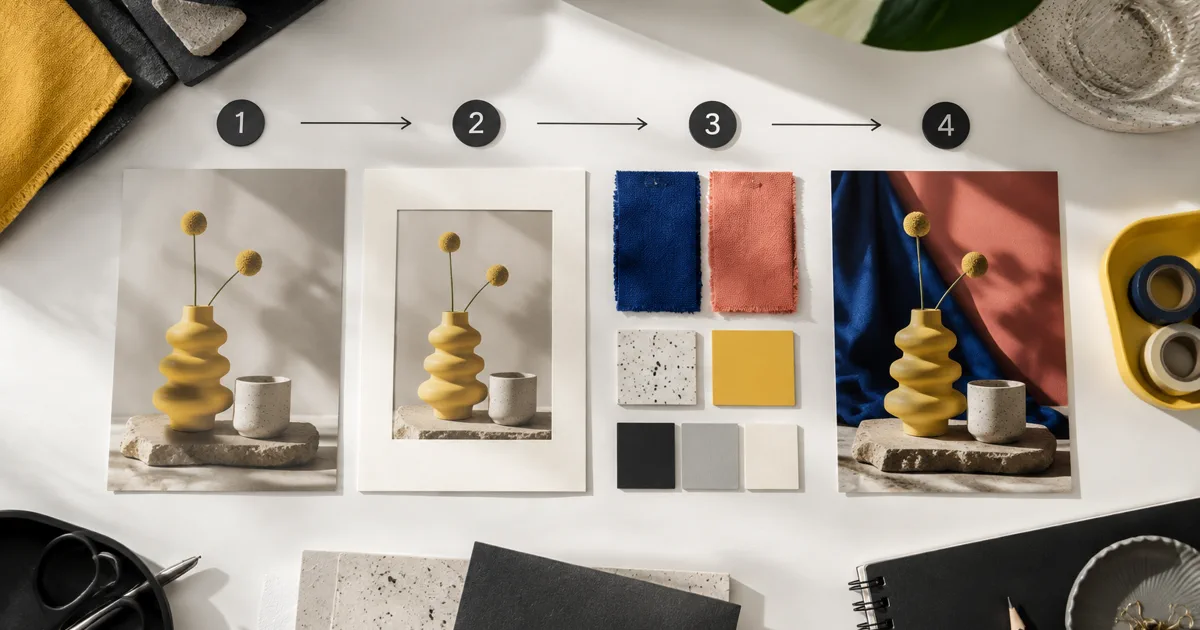 A creative desk with visual reference tiles arranged into a clear AI image prompt workflow