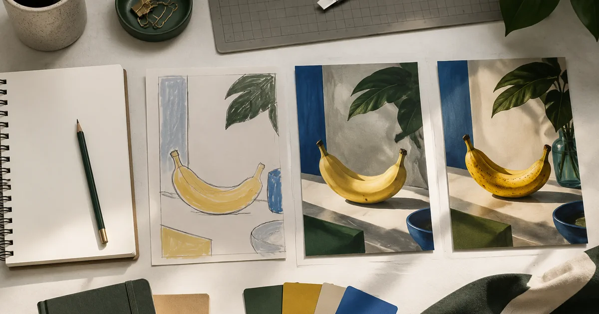 A written creative brief transforming into a polished sequence of generated visual concepts