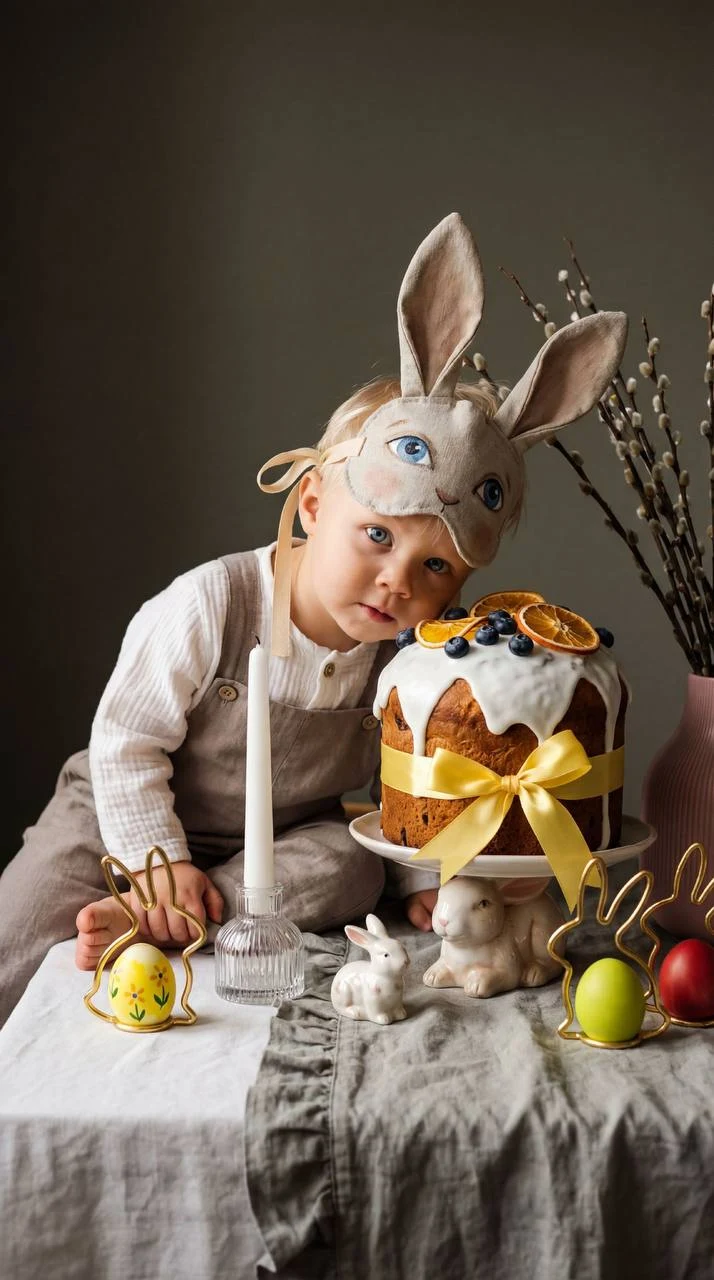 Toddler in Rabbit Mask Rustic Easter Portrait