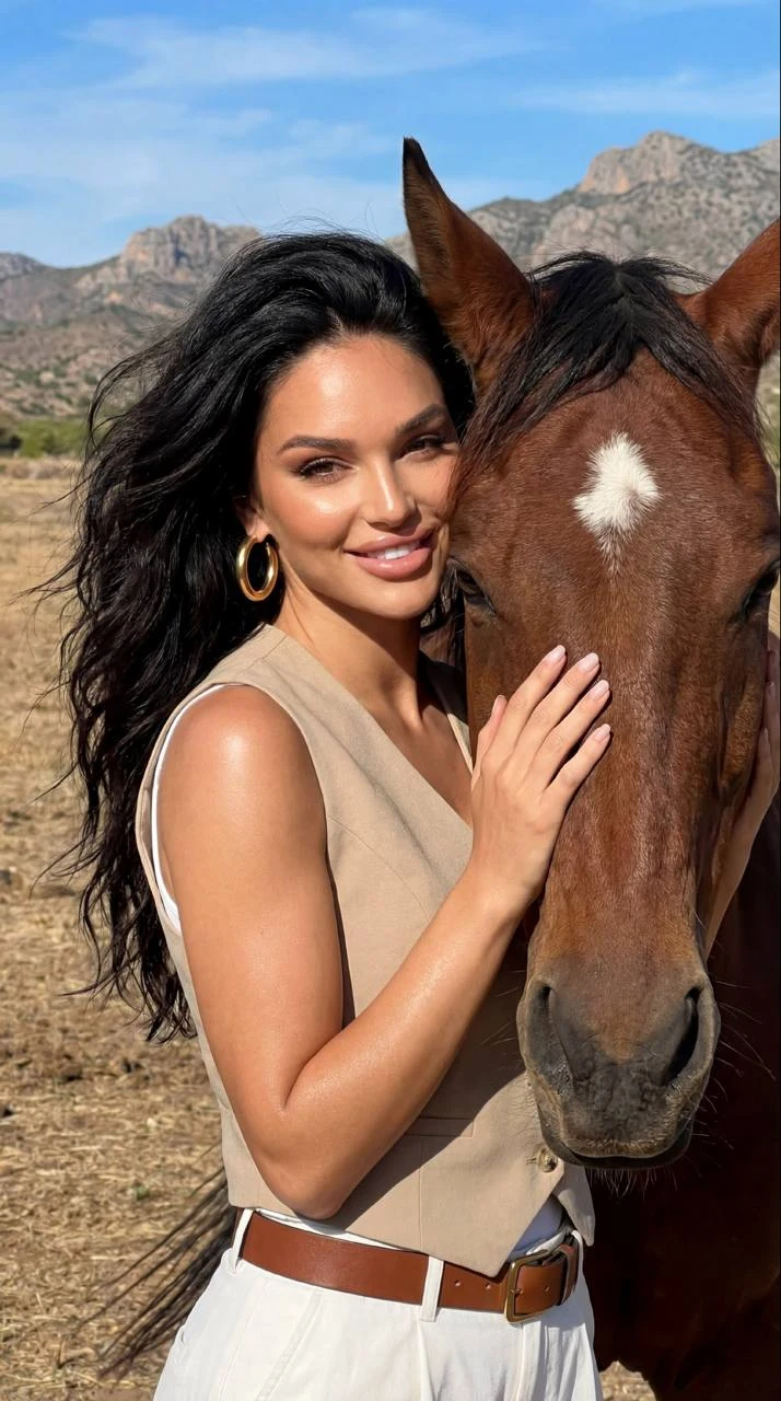 fashion woman with horse in mountains