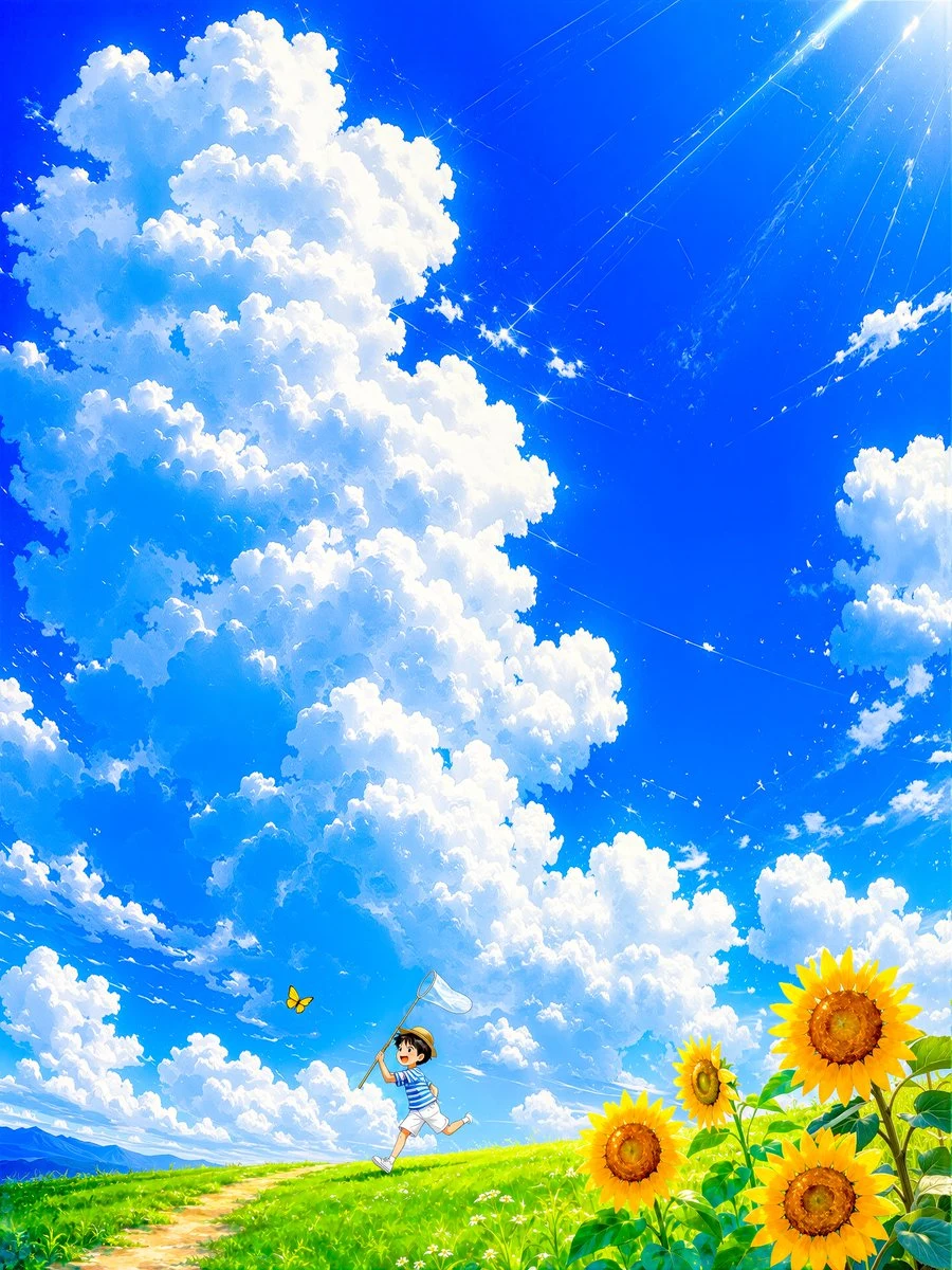 Boy Chasing Butterflies in Summer Field