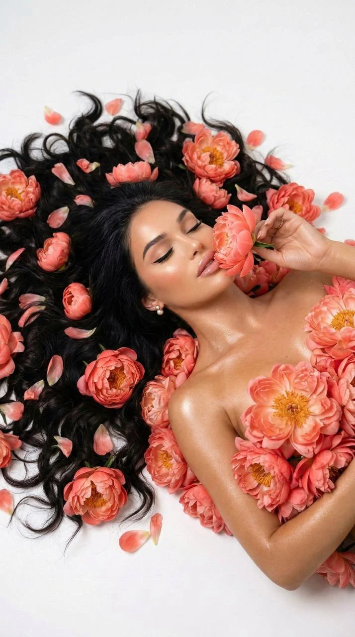 Girl in Coral Peonies Studio