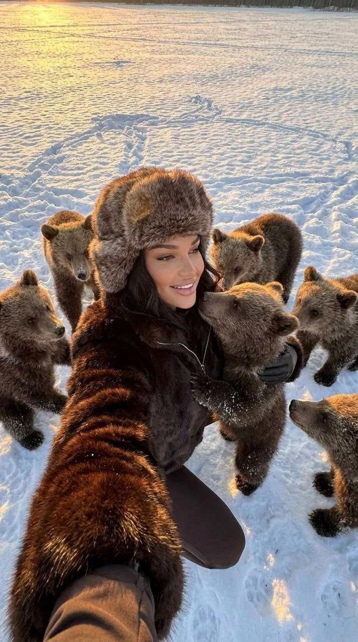 winter selfie with bear cubs