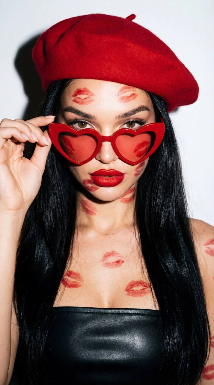 Cinematic Red Heart Glasses Beret Portrait