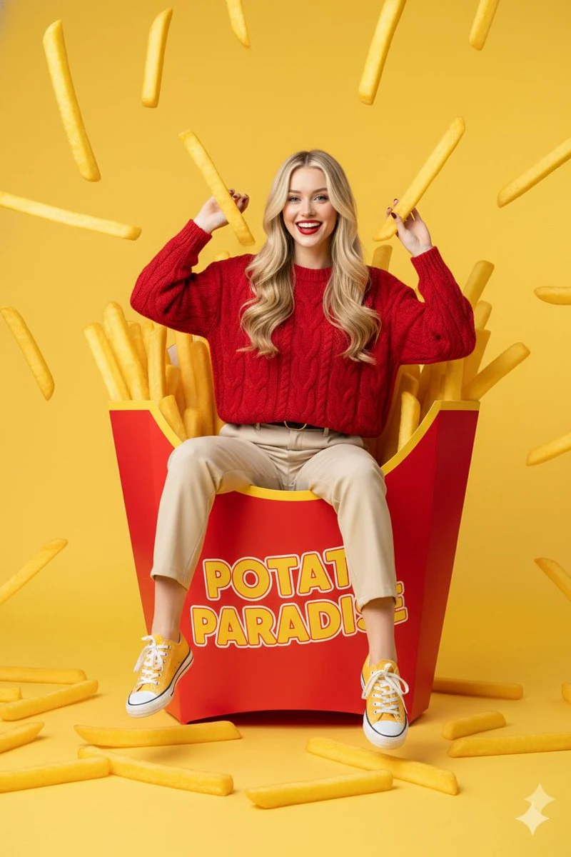 Surreal Woman in Giant French Fry Box Photography