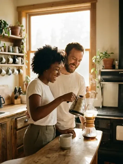 Couple Laughing Coffee In Sunlit Kitchen