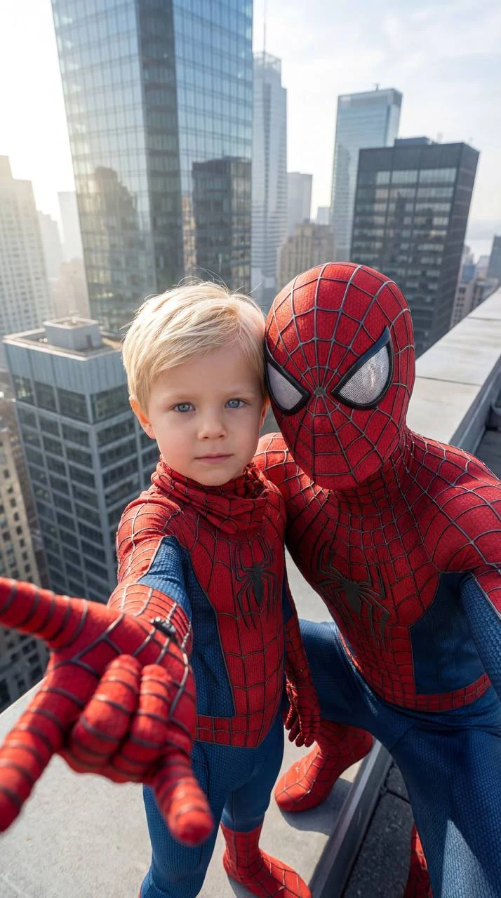 Child and Spiderman Rooftop Selfie