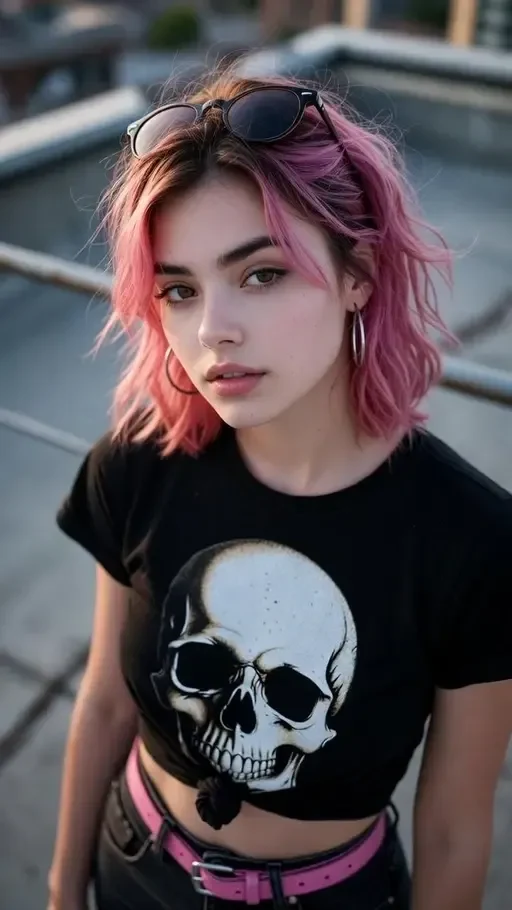 cinematic rooftop portrait with pink hair