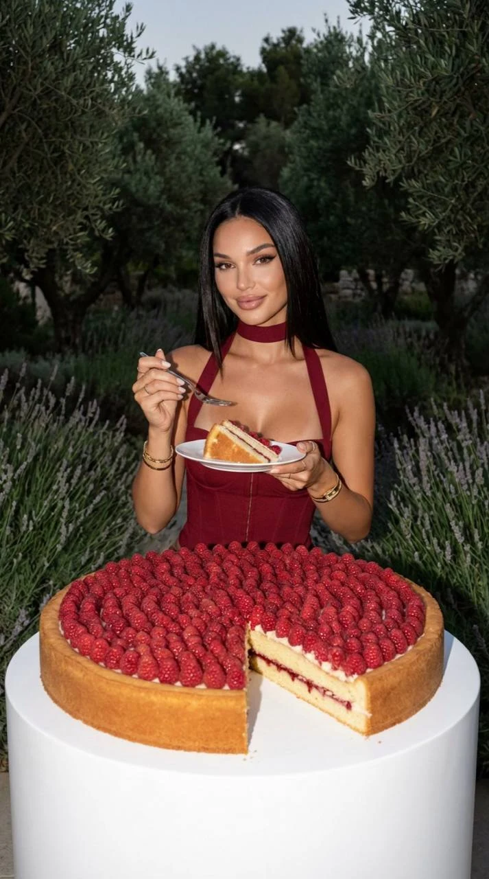 Woman with Giant Raspberry Cake in Garden