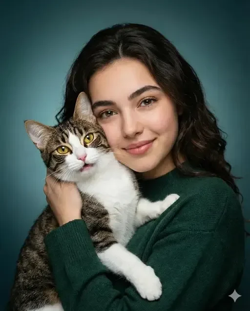 woman hugging tabby cat studio portrait