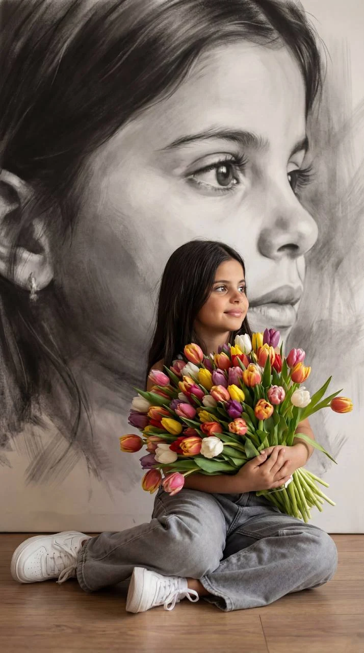 toddler with colorful tulips portrait