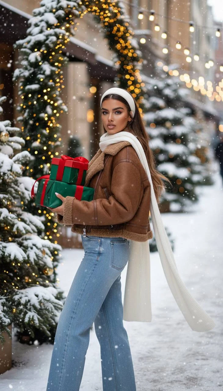 Winter Holiday Portrait with Gift Boxes