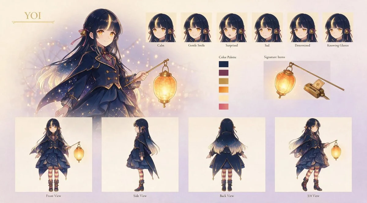 Magical Lantern Girl Character Design Sheet