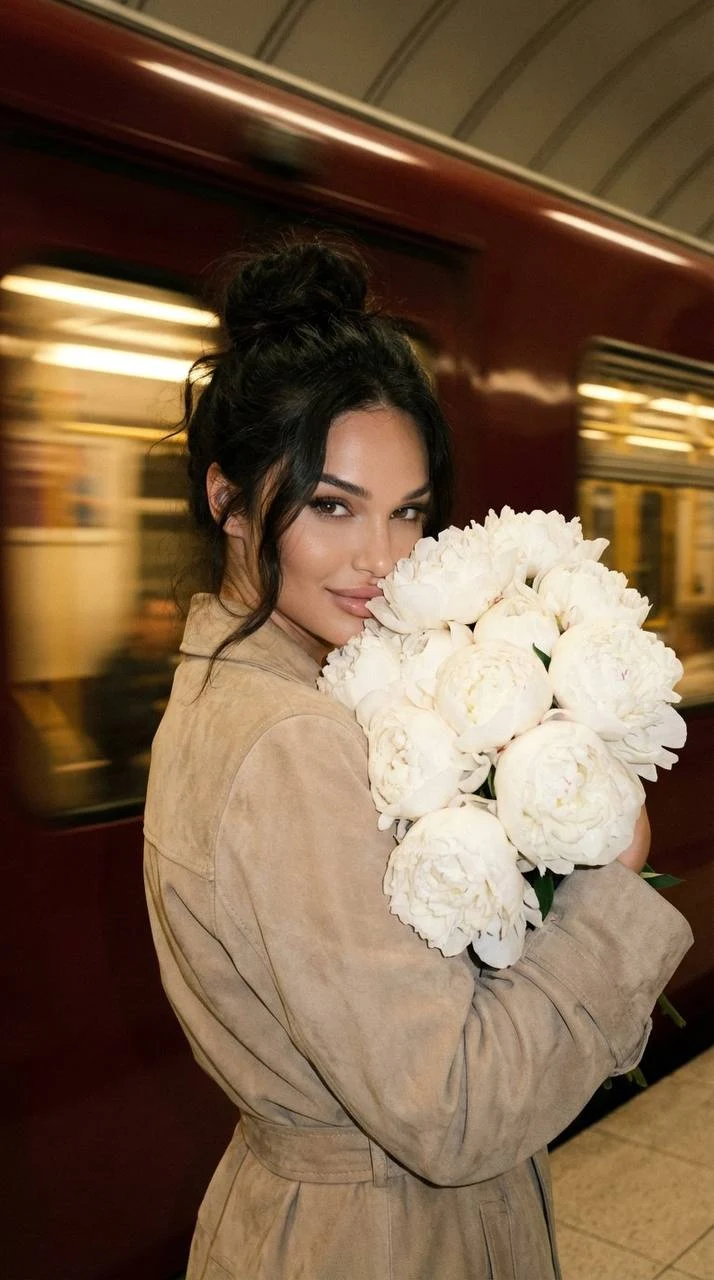 Girl with Peonies in Subway