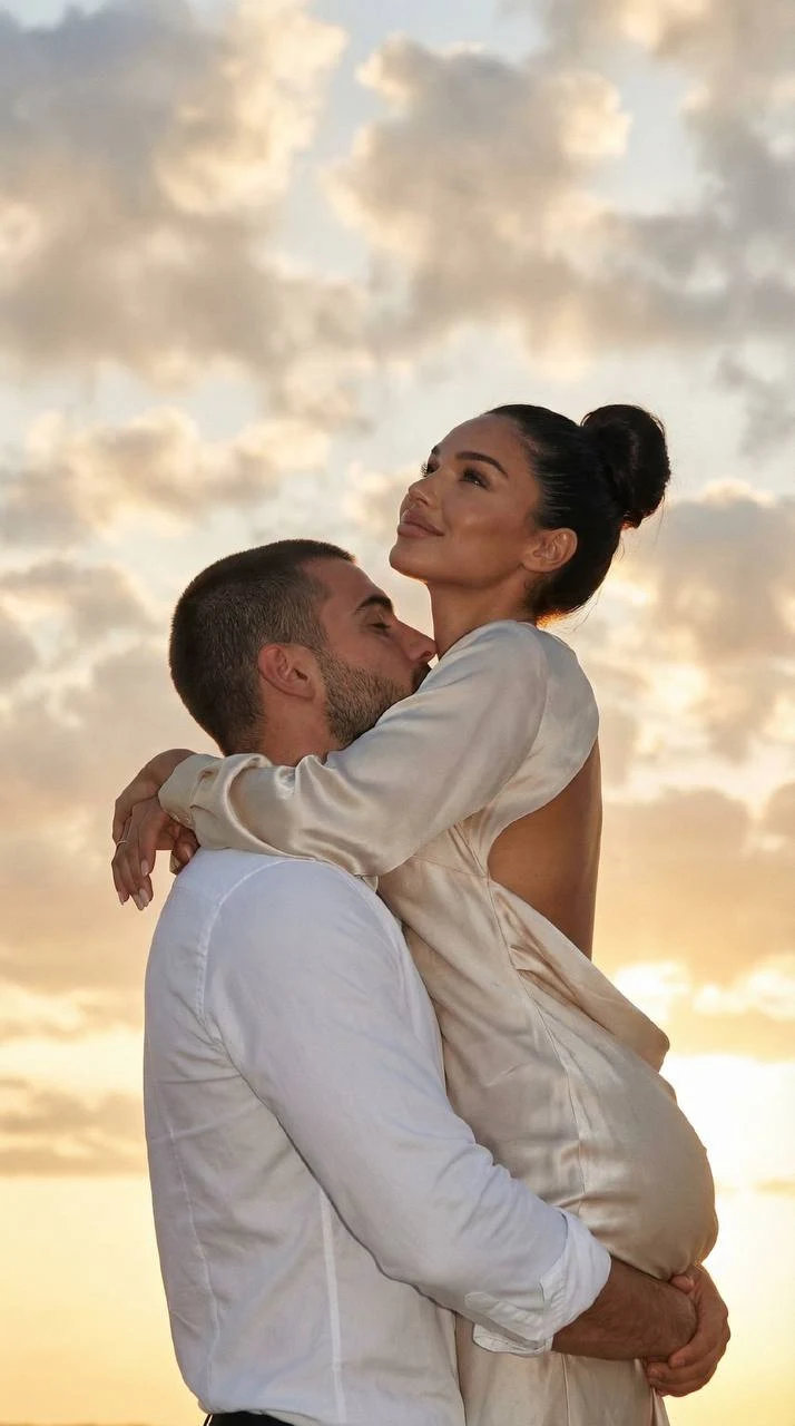 romantic sunset couple embrace