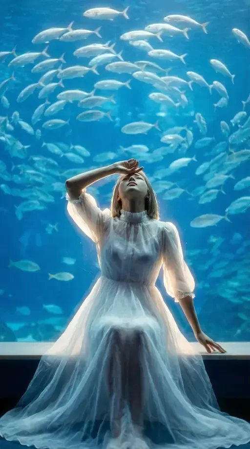 ethereal girl at giant aquarium portrait