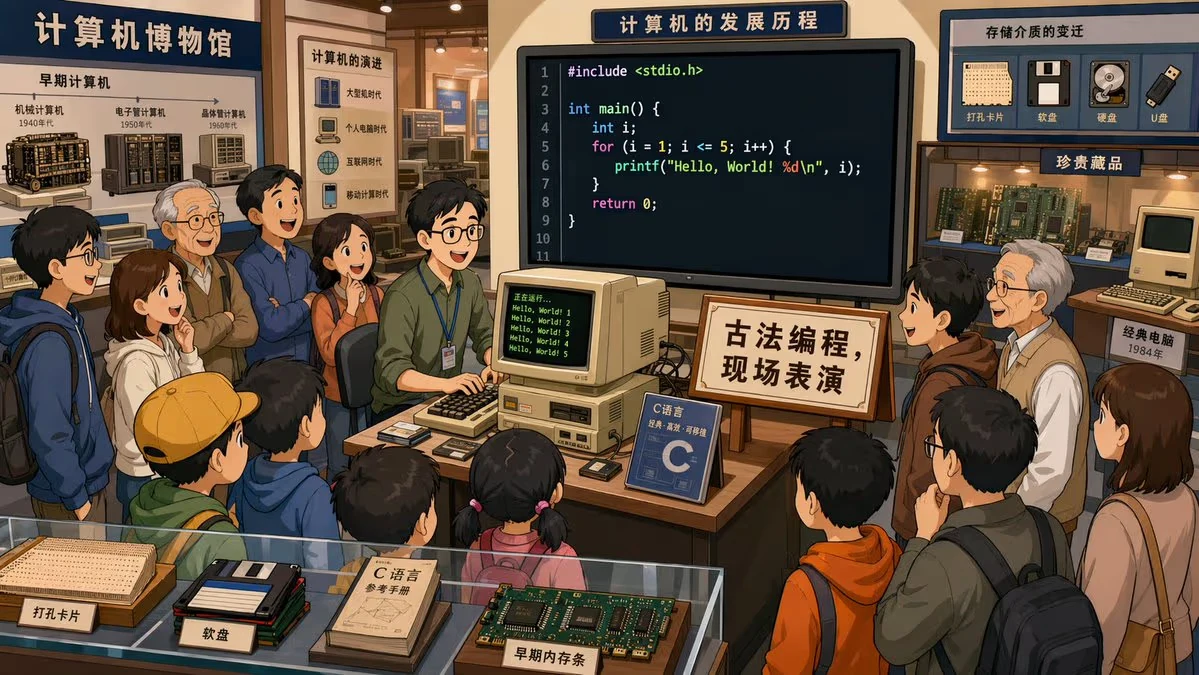 Retro Programming Museum Cartoon Illustration