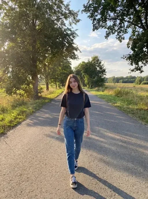 Young Woman Walking on Country Road