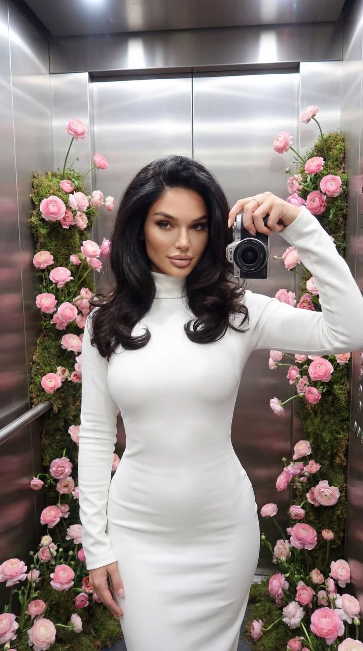 fashion selfie in floral decorated elevator