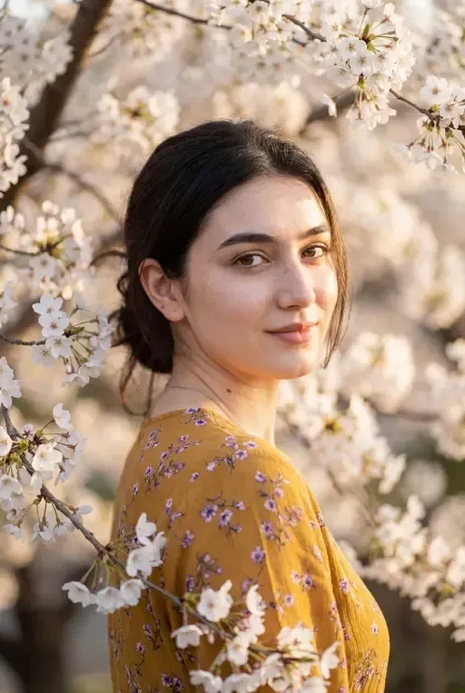 Woman in Cherry Blossom Garden Portrait