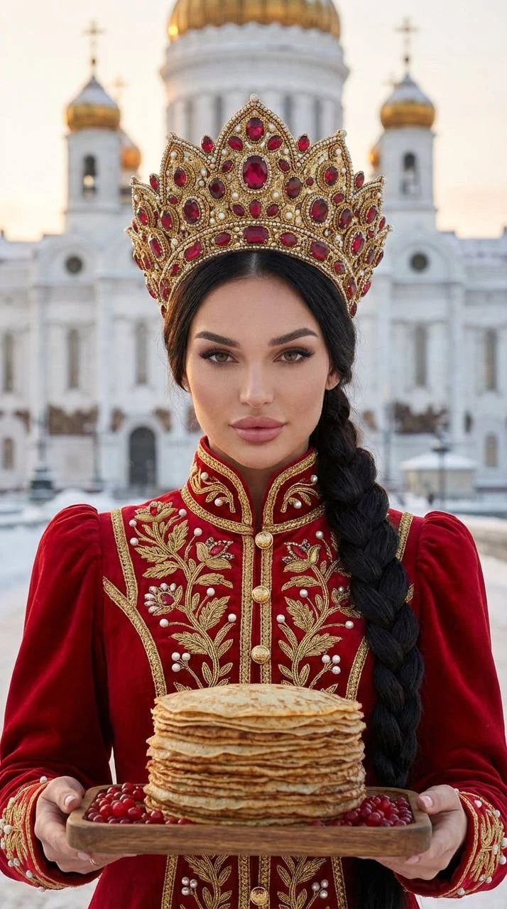 Russian Beauty with Traditional Dress and Blini