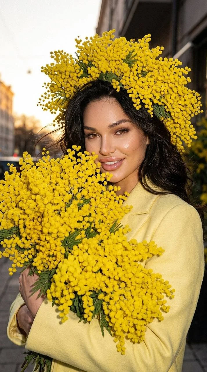 Girl With Mimosa Wreath Portrait