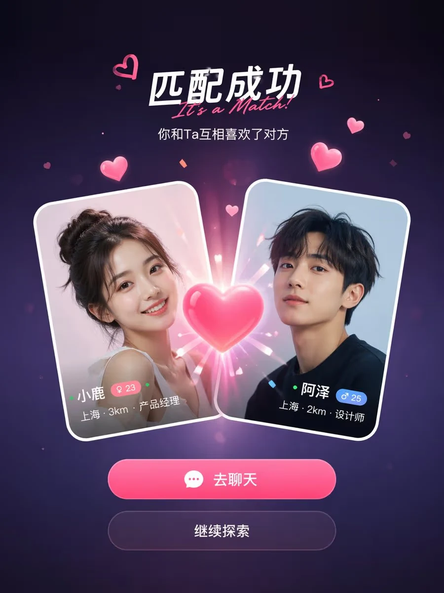 Social Dating App Match Screen Mockup