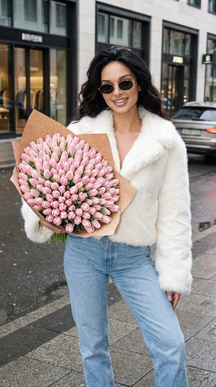 Stylish Fashion Portrait With Massive Tulip Bouquet