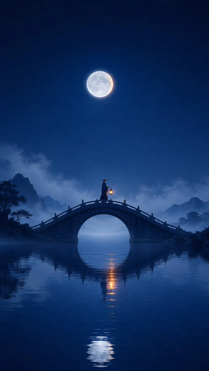 Oriental Zen Moonlight Bridge Poster