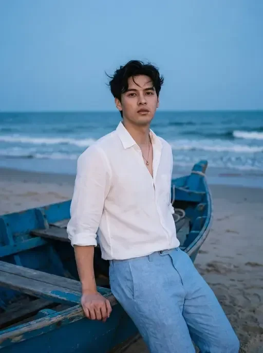 cinematic male portrait beach dusk boat