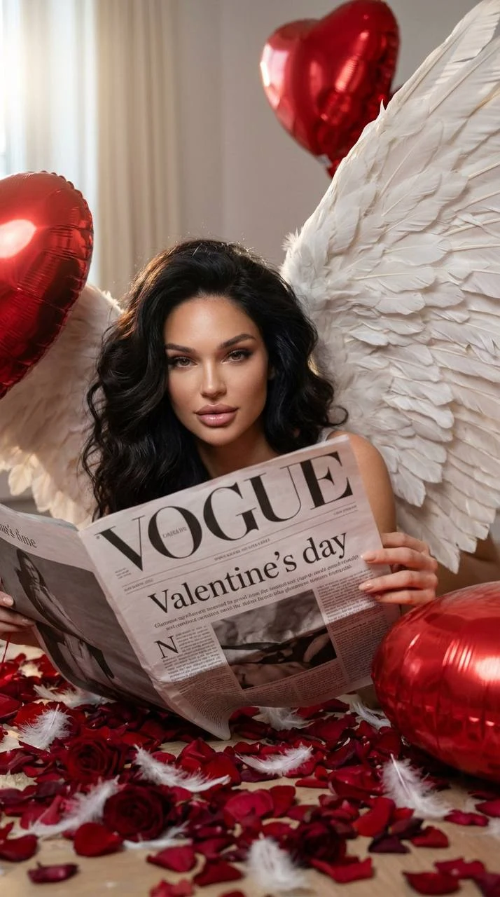 Fashionable Angel with Rose Petals
