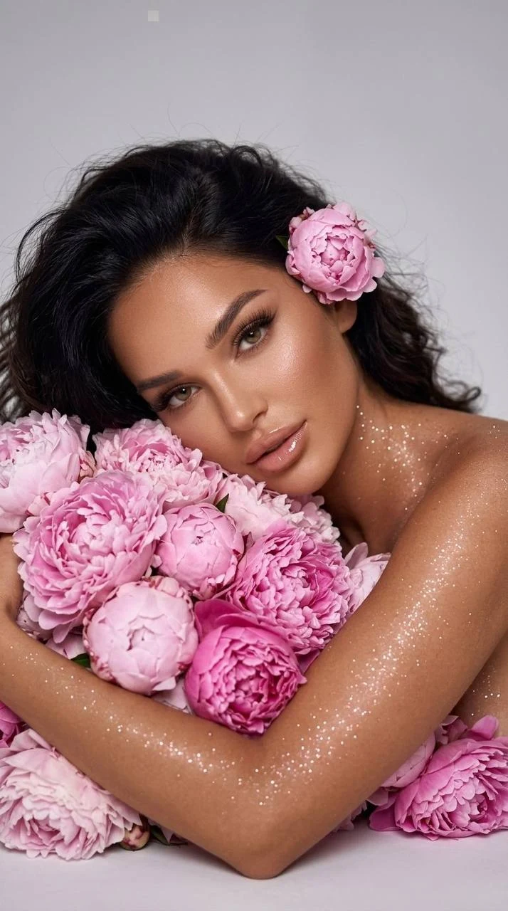 Sensual Portrait With Pink Peonies