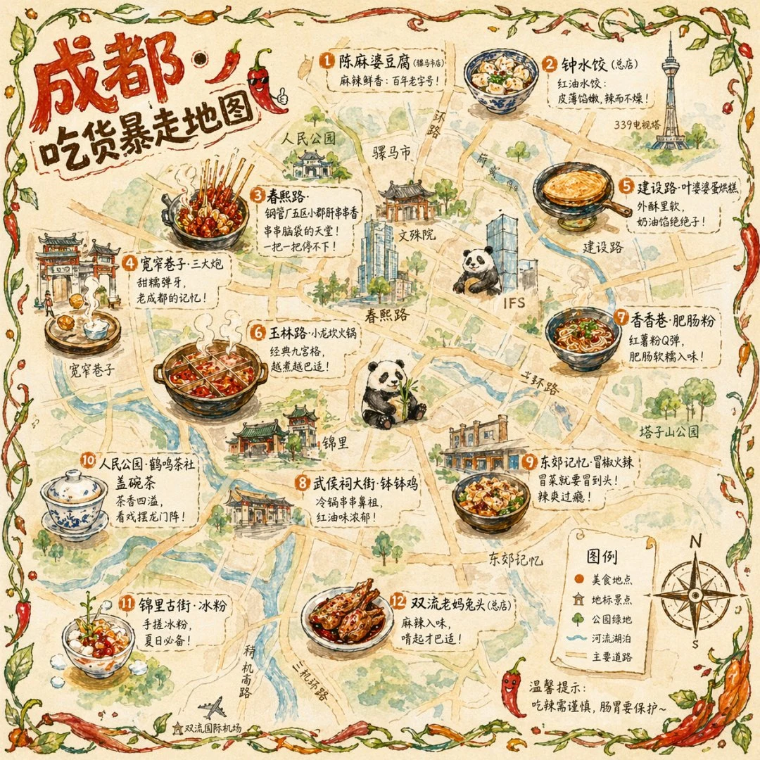 chengdu food walking map illustration