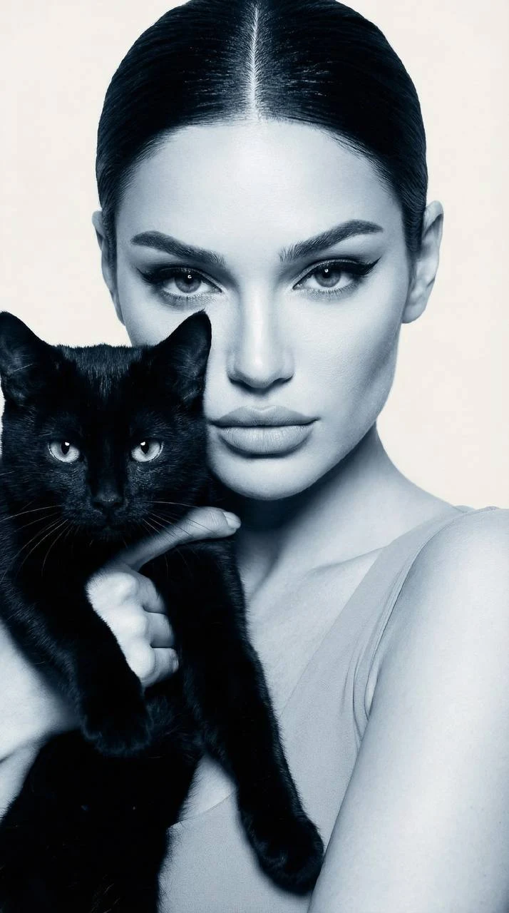 high-fashion studio portrait woman with black cat