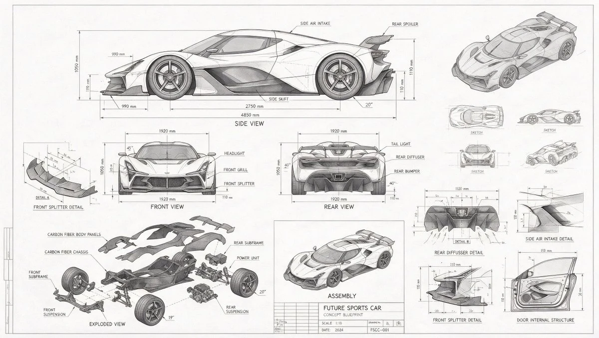 Futuristic Sports Car Blueprint Diagram