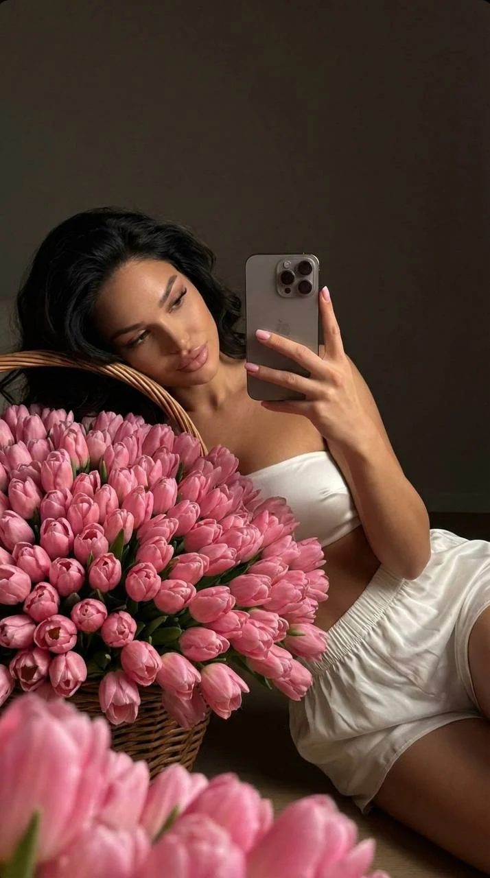 Cinematic Mirror Selfie With Massive Tulip Bouquet