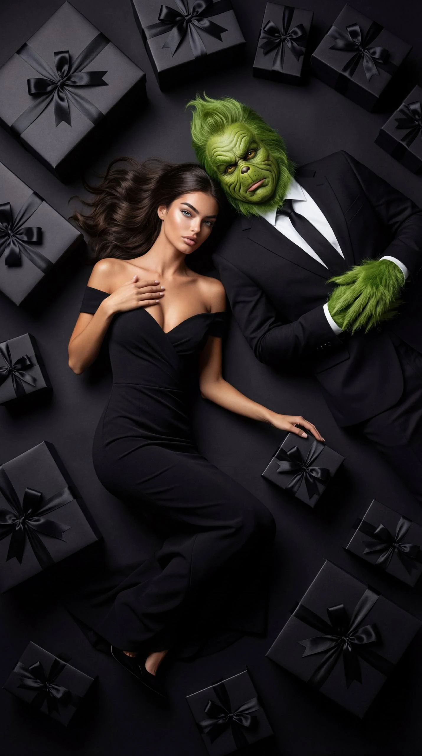dramatic New Year Grinch fashion shoot