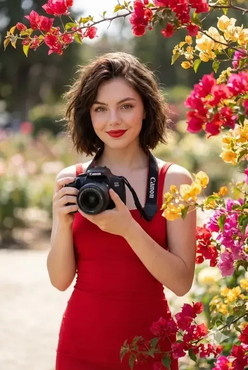 woman in red dress with camera