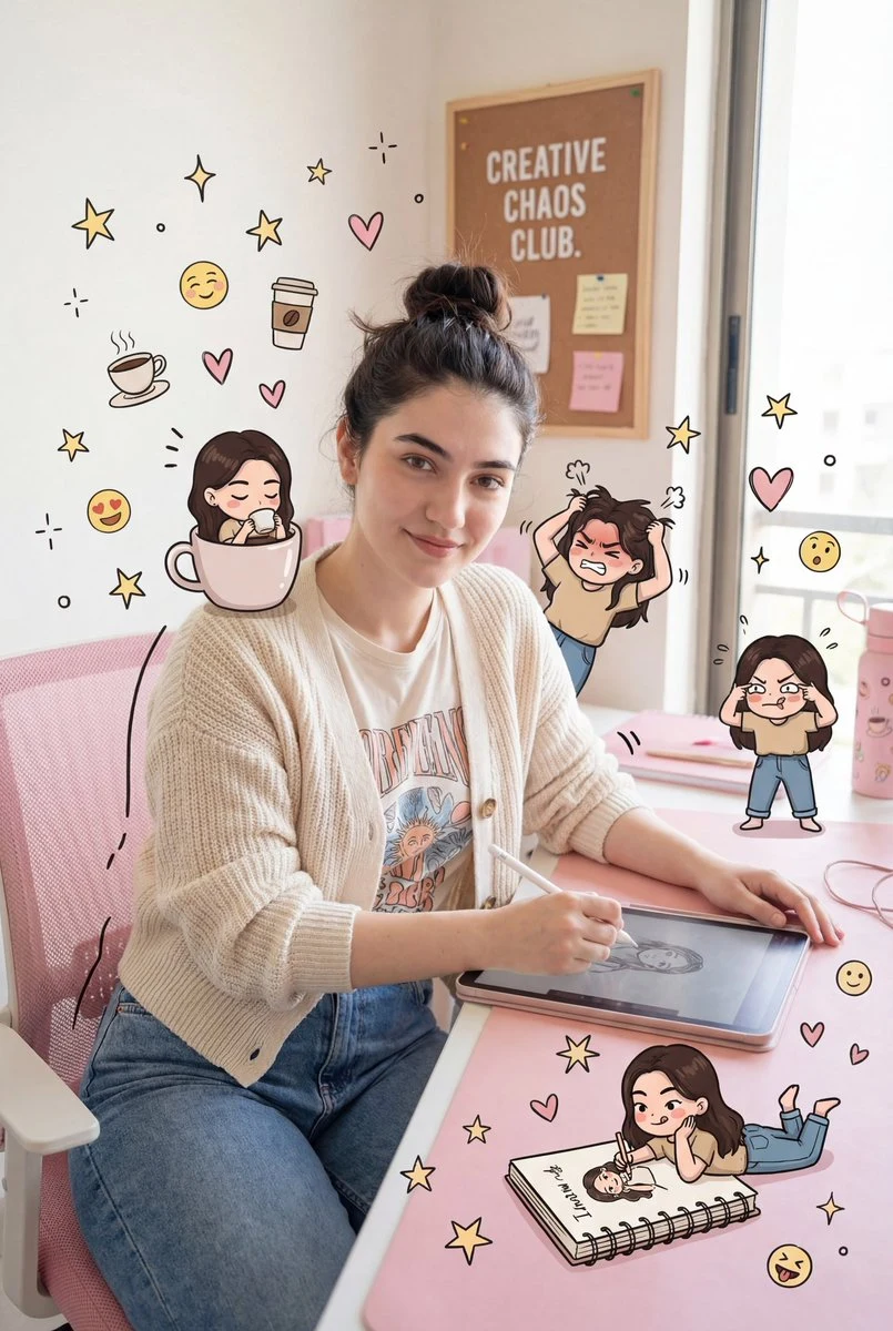 Photorealistic Woman in Pink Chibi Office