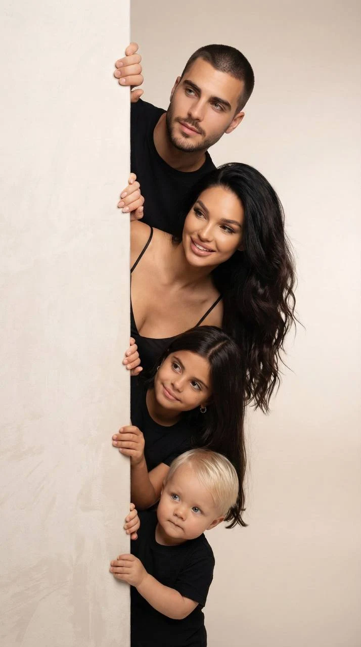 Family Peeking Behind Wall Studio Portrait