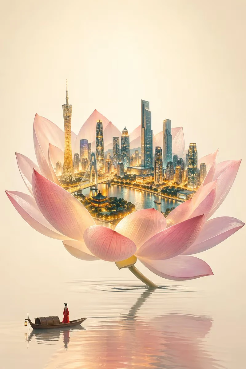 中国极简风格荷花城市插图