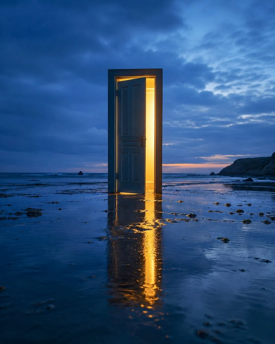 Cinematic Golden Door on Twilight Beach