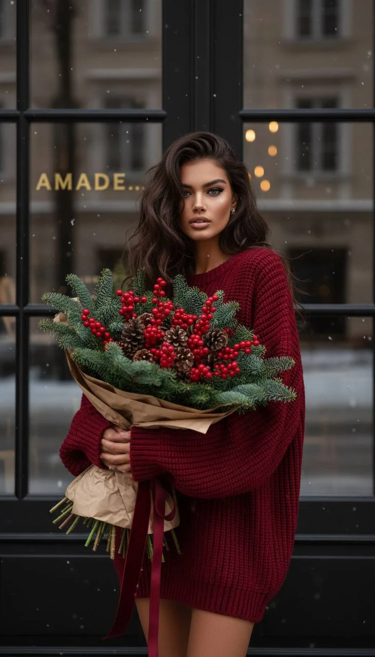 Winter New Year Portrait with Festive Bouquet