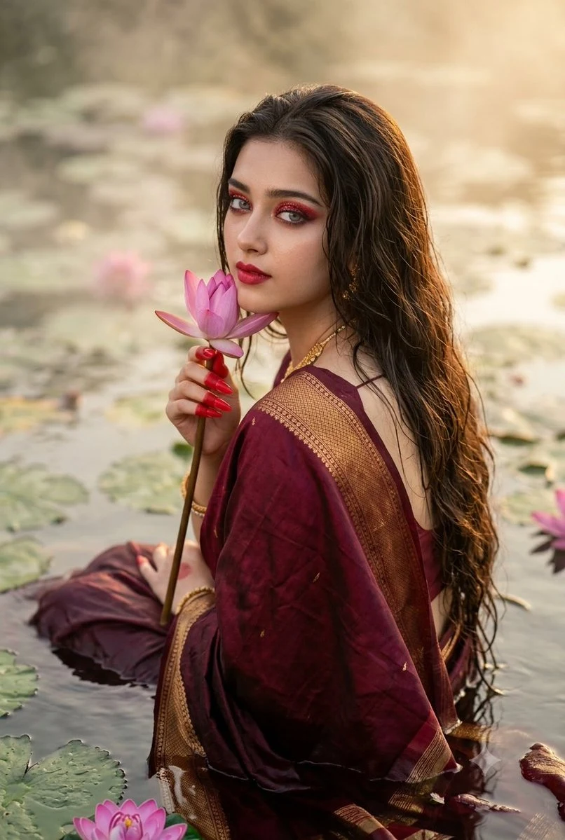 Cinematic South Asian Lotus Pond Portrait