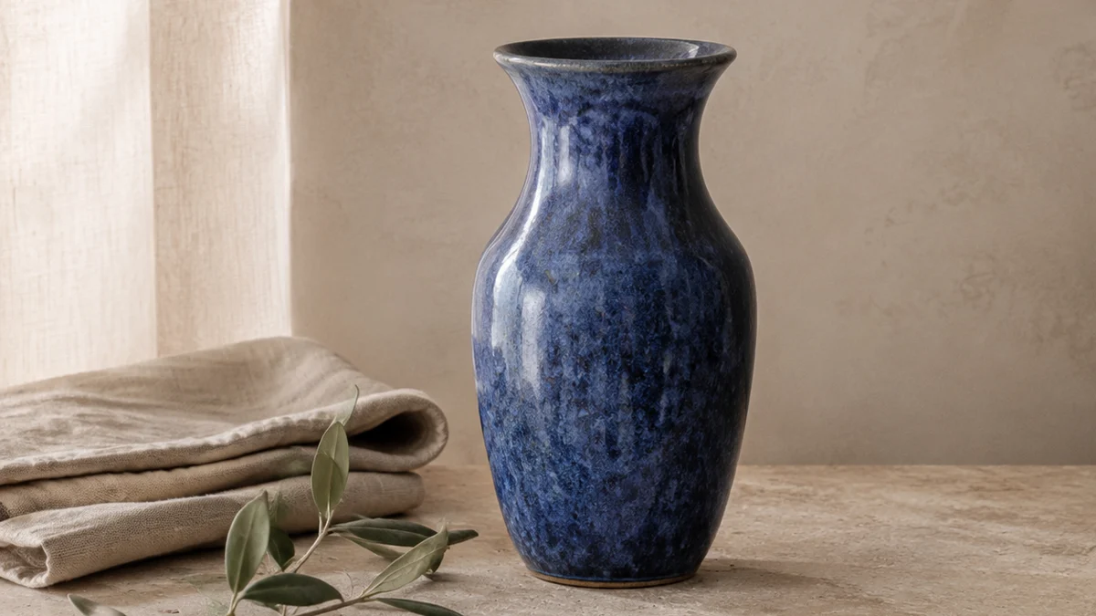 Cobalt ceramic vase styled with linen and an olive branch on warm limestone