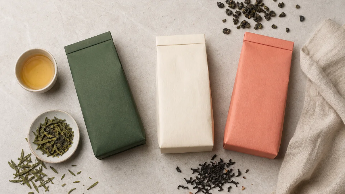 Three colorful artisan tea packages arranged on pale stone